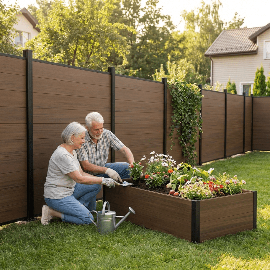 Outdoor raised garden bed with trellis and plants